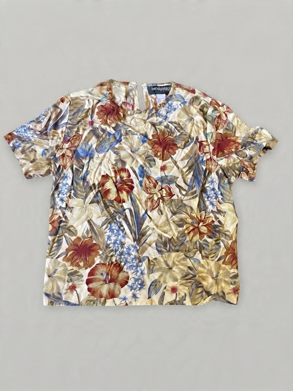 Sag Harbor Tropical Floral Short Sleeve Shirt - Beige, Red & Blue